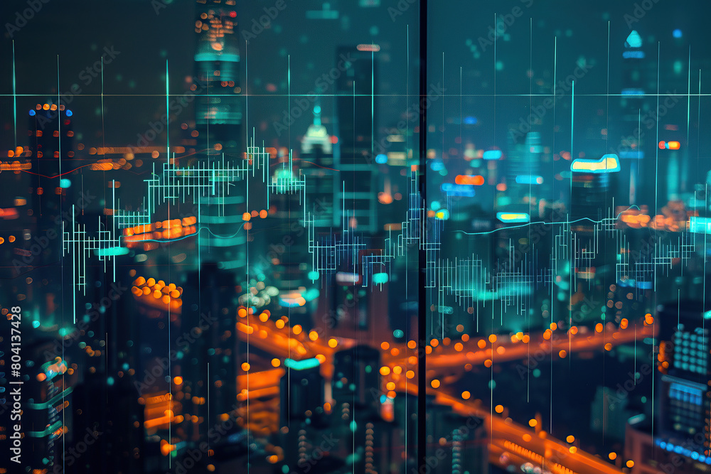 horizontal illustration of a financial district of a city at night, abstract design with skyscrapers and business graphs in a futuristic economy context horizontal illustration of a financial district of a city at night, abstract design with skyscrapers and business graphs in a futuristic economy context
