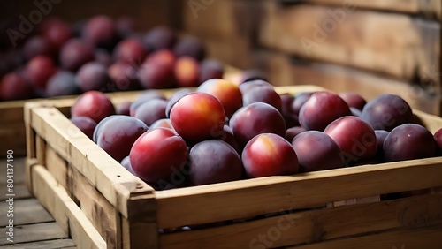 Fresh plums are stored in a wooden box