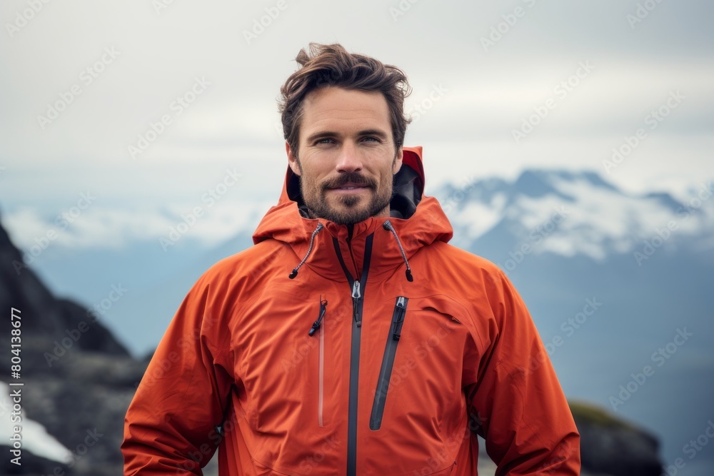 Portrait of a merry man in his 30s wearing a functional windbreaker isolated on snowy mountain range Portrait of a merry man in his 30s wearing a functional windbreaker isolated on snowy mountain range