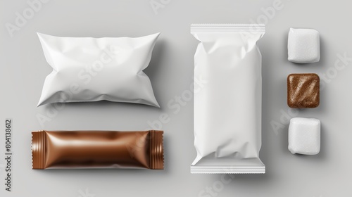 Chocolate candy wrapper mockup in 3D. Blank white realistic twist pack wrap for bar, bonbon, biscuit or caramel confectionery merchandise design. Sugar snack bag illustration in foil paper. photo