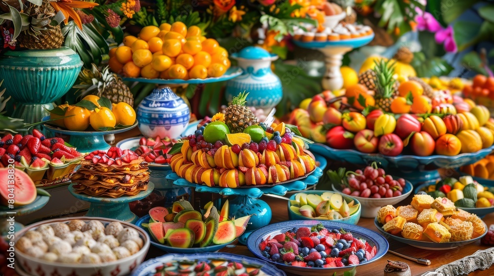 Vibrant and Colorful Fruit Buffet Display with Exotic Varieties and Decadent Sweets. Generative ai