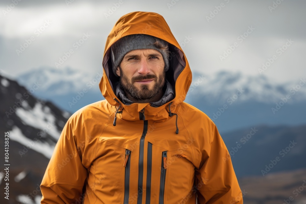 Portrait of a merry man in his 30s wearing a functional windbreaker over snowy mountain range Portrait of a merry man in his 30s wearing a functional windbreaker over snowy mountain range