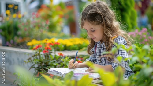 A toddler is happily sitting on the grass, smiling and writing in her notebook. She is sharing her leisure time with a terrestrial plant, showing adaptation to her small groundcover surroundings AIG50