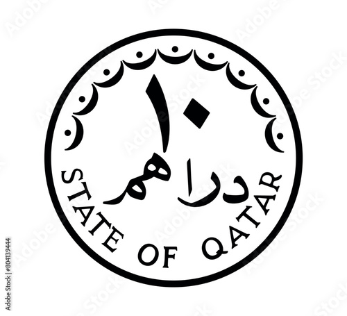 10 dirhams coin of Qatar. Coin side isolated on white background. The coin is depicted in black and white. Vector illustration.