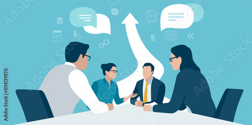 Growth. Business team discussing at table and arrow pointing up. Business vector illustration.  photo