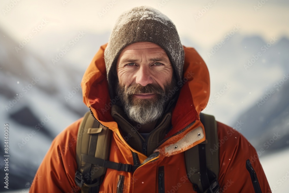 Portrait of a smiling man in his 40s wearing a warm parka isolated in snowy mountain range Portrait of a smiling man in his 40s wearing a warm parka isolated in snowy mountain range