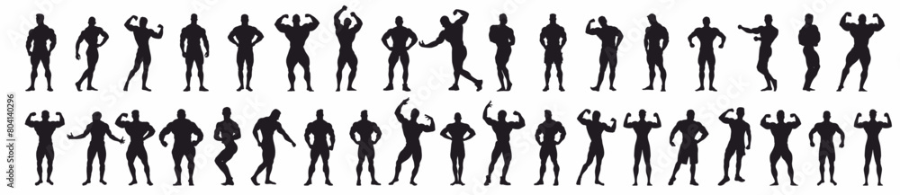 Group of body builder with different pose on white background. Muscular bodybuilder vector silhouette illustration. Sport man strong arms show in different pose. Body builder athlete showing muscles. Group of body builder with different pose on white background. Muscular bodybuilder vector silhouette illustration. Sport man strong arms show in different pose. Body builder athlete showing muscles.