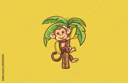 Monkey and Banana vector illustration flat design logo