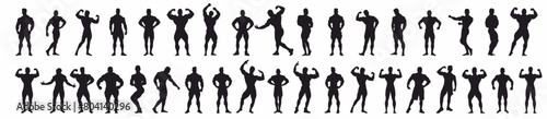 Group of body builder with different pose on white background. Muscular bodybuilder vector silhouette illustration. Sport man strong arms show in different pose. Body builder athlete showing muscles.