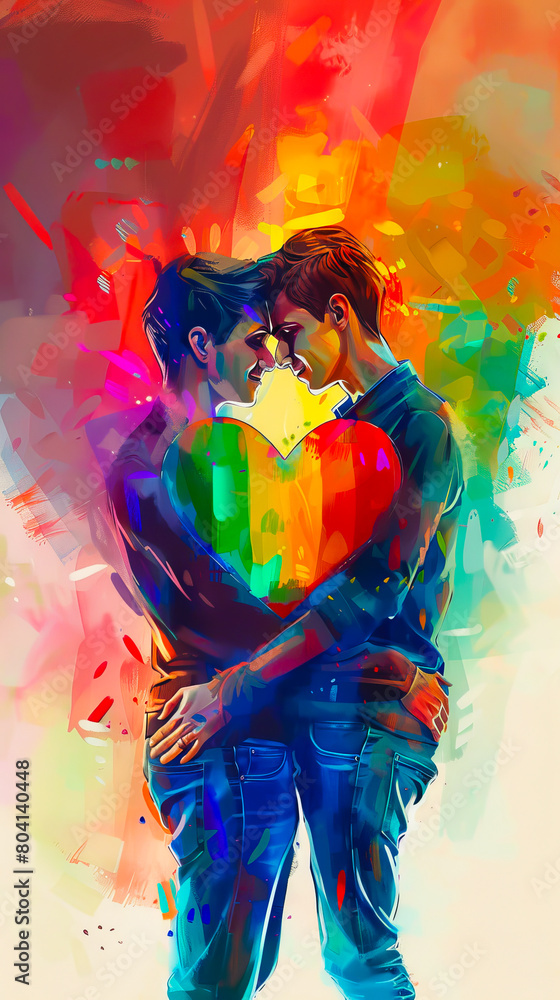 A painting of two people hugging with colorful hearts. A painting of two people hugging with colorful hearts.