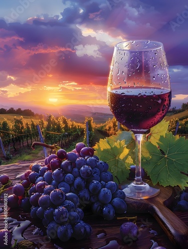Bountiful Vineyard Sunset with Ripe Grapes and Elegant Red Wine