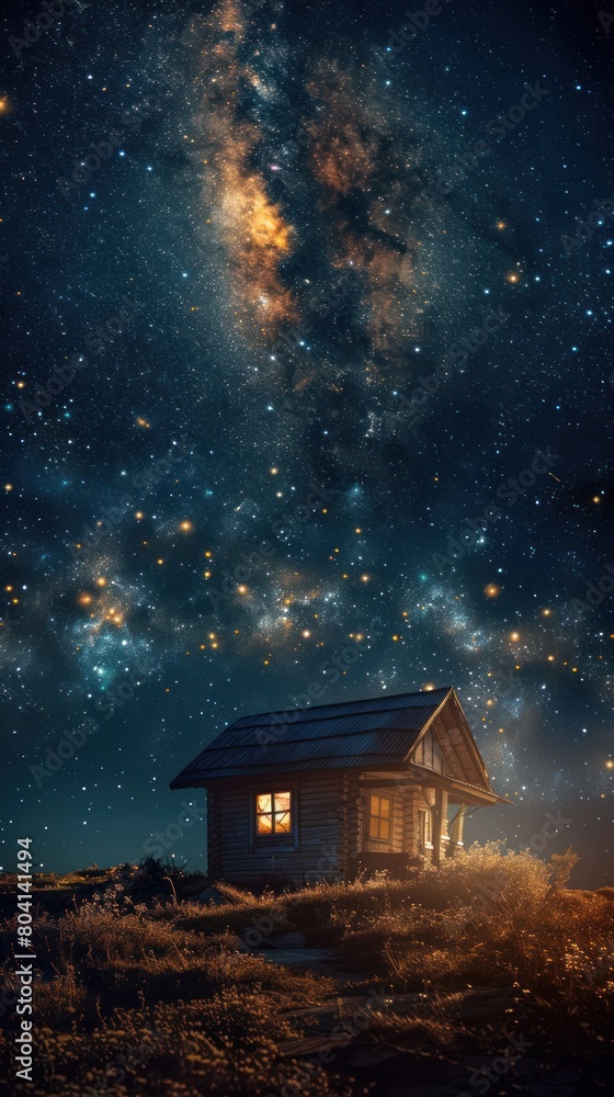 A small house is lit up by the stars in the night sky A small house is lit up by the stars in the night sky