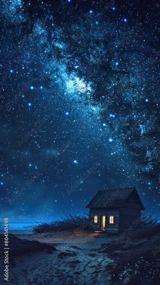 A small house is shown in the middle of a starry night sky A small house is shown in the middle of a starry night sky