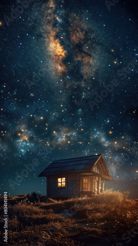 A small house is lit up by the stars in the night sky