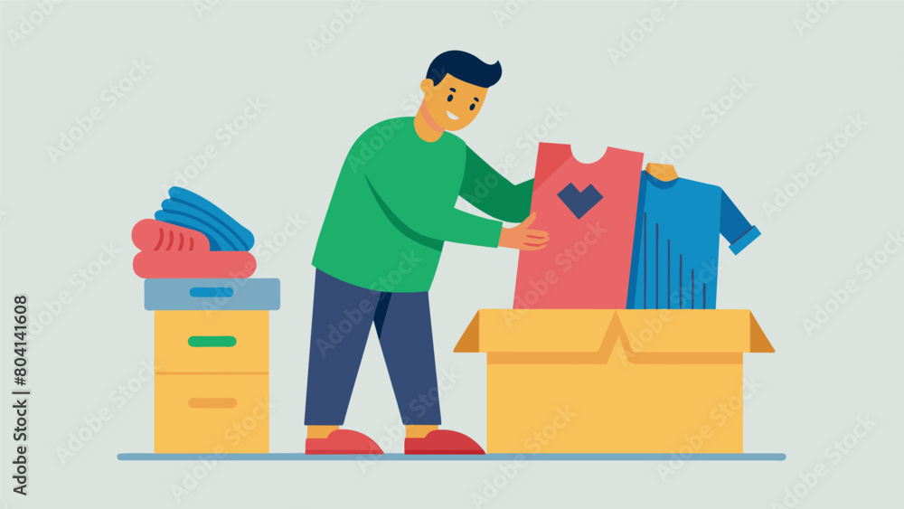 A volunteer sorting through donated clothing making sure everything is in good condition for the swap event.. Vector illustration A volunteer sorting through donated clothing making sure everything is in good condition for the swap event.. Vector illustration