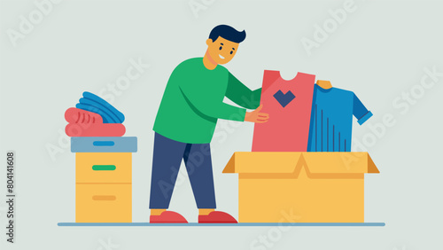 A volunteer sorting through donated clothing making sure everything is in good condition for the swap event.. Vector illustration