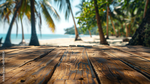 A photo shows an empty wooden table top with a slightly blurry background of beach coconut trees, Ai Generated Images photo