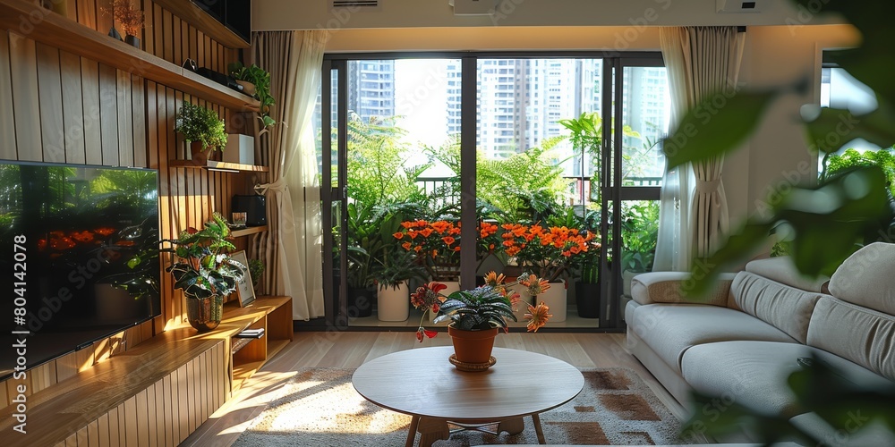 Obraz premium Living room in apartment, sofa, tea table, TV shelf, balcony, flower pot on TV shelf, indoor green plant pot. Generative AI.
