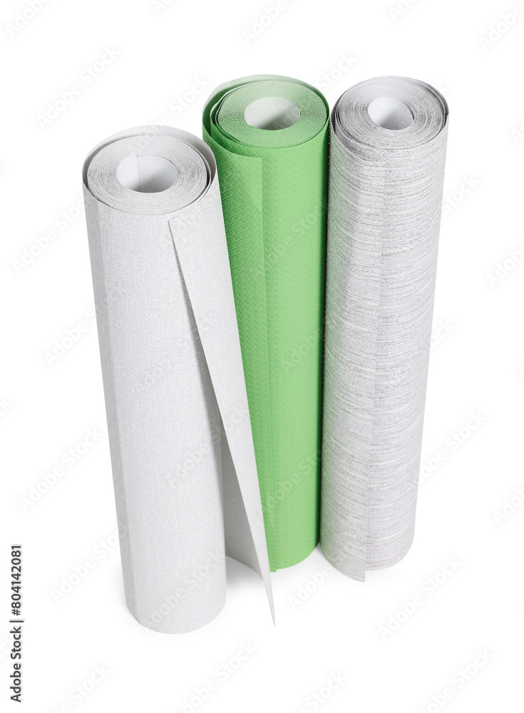 Different colorful wallpaper rolls isolated on white Different colorful wallpaper rolls isolated on white