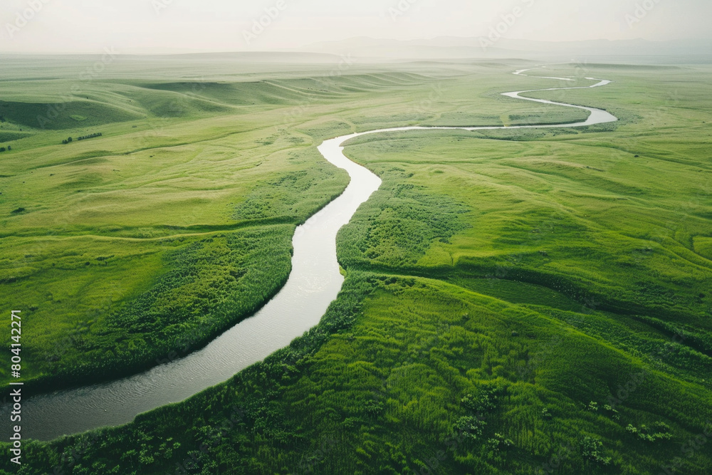 Aerial view of an endless grassland with a distant river