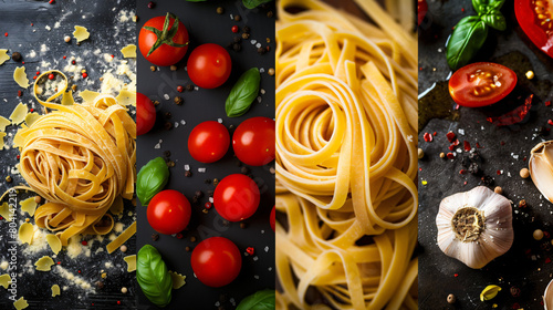 Collage with cooking of tasty Italian pasta
