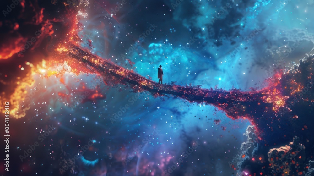 A person is standing on a bridge in space A person is standing on a bridge in space
