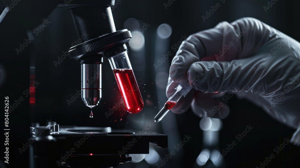 hand with surgical glove holding vial with red solution, blurred microscope hand with surgical glove holding vial with red solution, blurred microscope