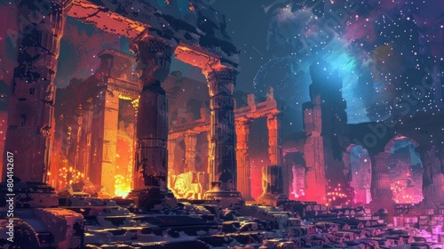 A colorful, abstract painting of a ruined city with a large