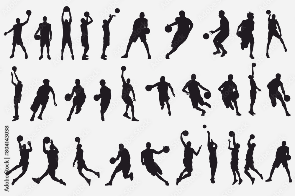 Basketball player. Collection of different basketball players in various pose. Set of basketball players throwing ball isolated on white background Basketball player. Collection of different basketball players in various pose. Set of basketball players throwing ball isolated on white background