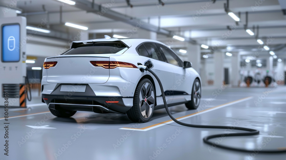 A white car is charging at a charging station A white car is charging at a charging station