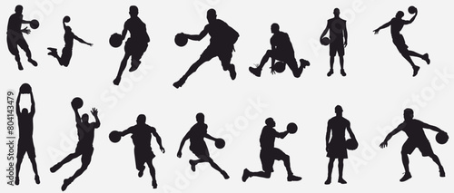 Basketball player silhouette in action. Group of basketball player playing. 