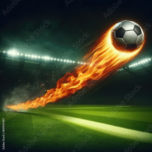 Flaming soccer ball at the stadium in the evening, Meteor-Like, World Cup, European Football Championship, UEFA Euro 2024, 2024 Summer Olympics photo
