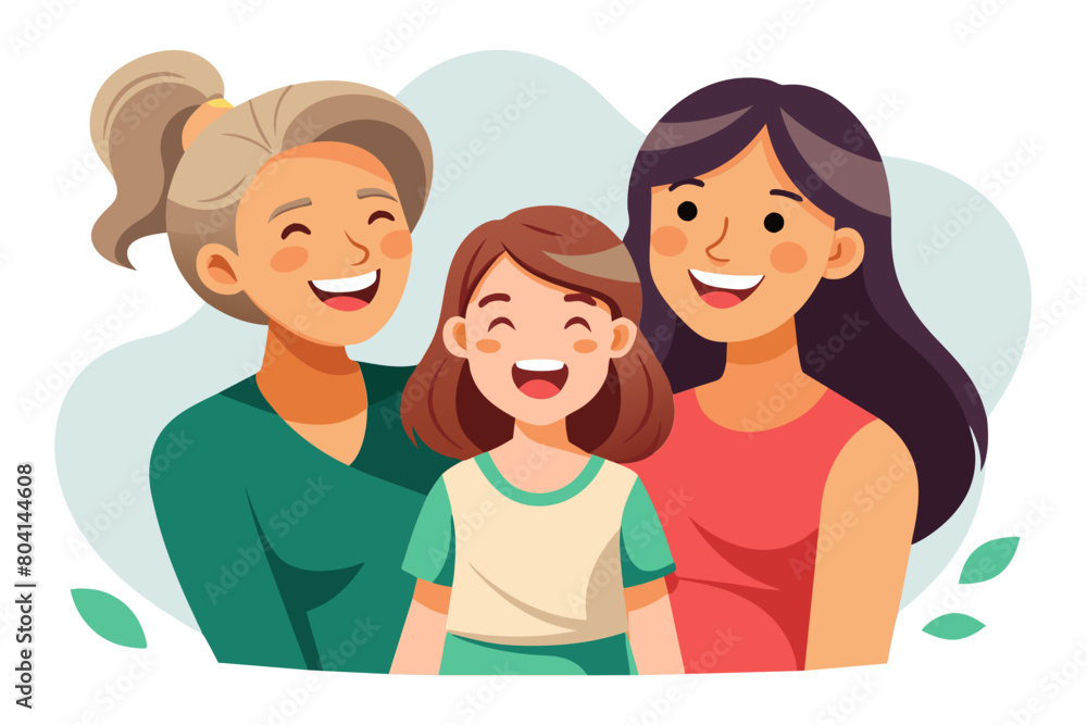 Happy young 30s woman laughing posing on gray studio wall with little 5s daughter and aged 60s mother family hugging showing life values having good strong relationships feeling unconditional love Happy young 30s woman laughing posing on gray studio wall with little 5s daughter and aged 60s mother family hugging showing life values having good strong relationships feeling unconditional love