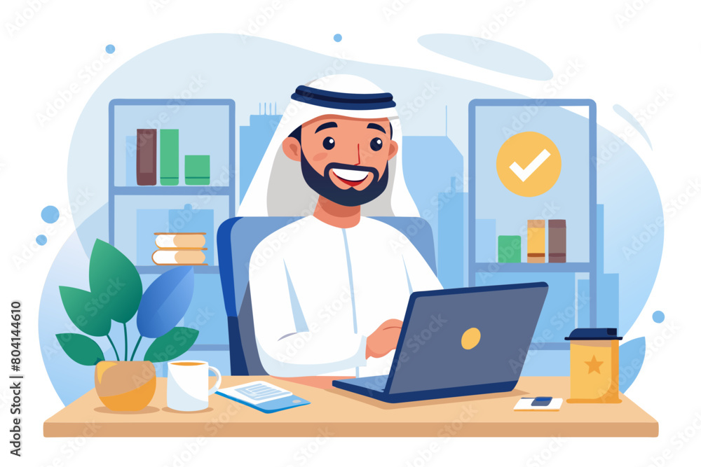 Happy successful young Arab freelance worker using digital gadgets in co-working space enjoying online job communication texting message on cellphone on corporate chat smiling modern flat design Happy successful young Arab freelance worker using digital gadgets in co-working space enjoying online job communication texting message on cellphone on corporate chat smiling modern flat design