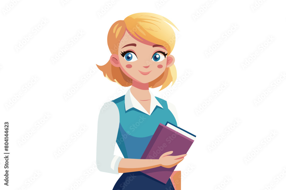 Portrait of pretty teenage blond short-haired student girl holding workbook pose standing alone in campus library smile looking at camera High school or university education professional knowledge Portrait of pretty teenage blond short-haired student girl holding workbook pose standing alone in campus library smile looking at camera High school or university education professional knowledge