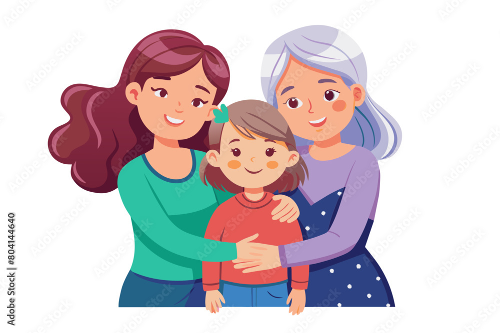 Family ties love and heredity Cute little girl her young mother and mature granny hugging seated on bed in cozy bedroom staring at camera enjoy priceless time together and their strong connection
