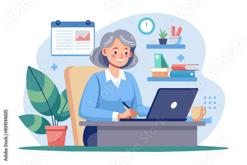 Mature woman therapist working on laptop sit at desk with papers prepare treatment plan check patient medical records make research and clinical guidelines reviewing data do administrative tasks