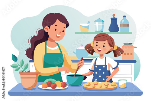 Little beautiful girl helper cooking with loving young mother kneading dough preparing sweet homemade cookies on holiday in cozy kitchen Parent teach kid to cook sharing traditional family recipe