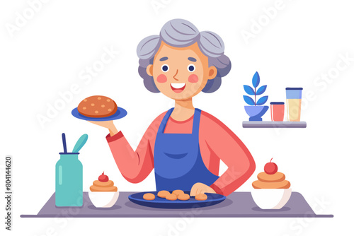 Pensive mature woman cook in kitchen distracted from cookery process staring into distance smile enjoy pleasant house chores prepare dessert for family Carefree retiree cooking cookies at home