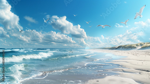 Sylt island in Germany beach with white sand, blue sky and seagulls flying photo