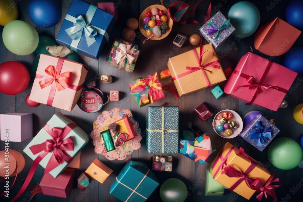 Obraz premium Bright colorful gift boxes with bright color ribbons and bows top view.