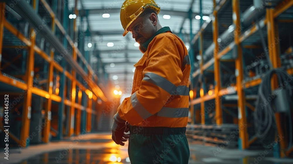 Professional electrical contractor doing electrical works in the warehouse, holding wiring. Generative AI. Professional electrical contractor doing electrical works in the warehouse, holding wiring. Generative AI.