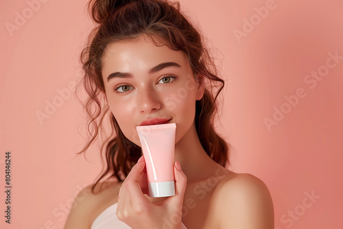 female model holding and showing a cosmetic product with natural lighting and a soft pastel colored background. Advertising concept of healthy lifestyle and self-care. Soft flawless skin