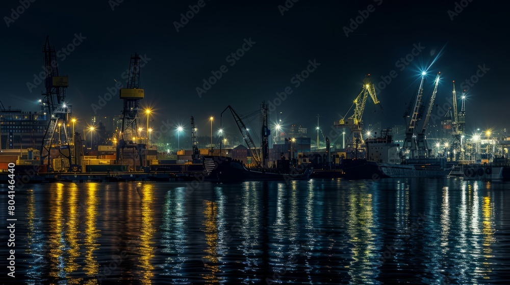 A nighttime panorama of an industrial port, with ships illuminated by the glow of streetlights and cranes towering over the scene like sentinels in the darkness