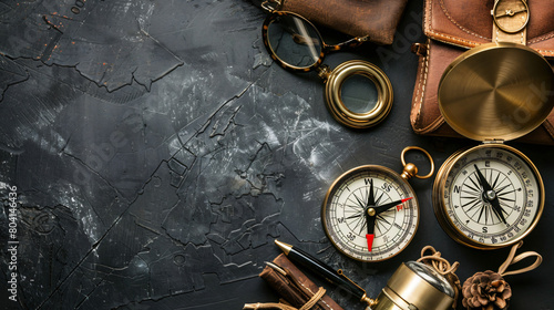 Compass with traveler accessories on black background