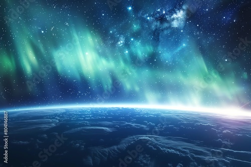 Atmospheric stock image of the Northern Lights Aurora Borealis with a backdrop of a starfilled galaxy  symbolizing the Earths connection to the cosmos