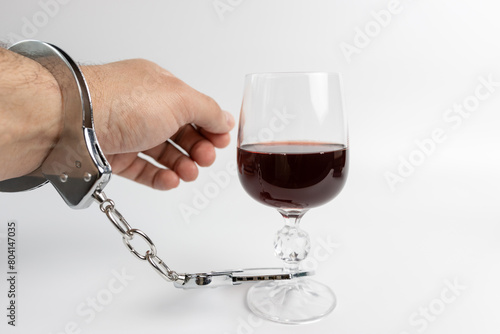 A man in handcuffs is combined with a glass of wine. The concept of alcohol addiction.