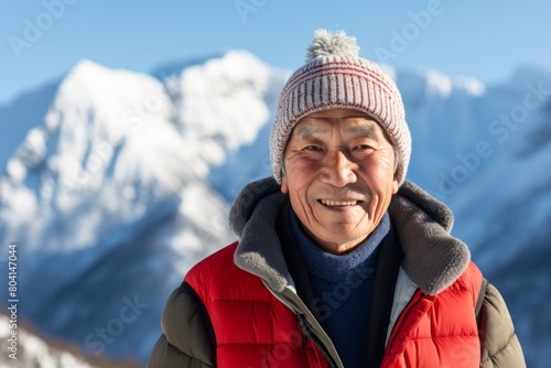 Portrait of a smiling asian woman in her 80s sporting a trendy beanie isolated in snowy mountain range