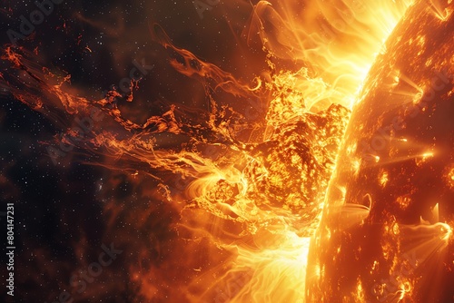 Dramatic stock photo of a solar flare erupting from the Suns surface, capturing the dynamic and powerful nature of our closest star
