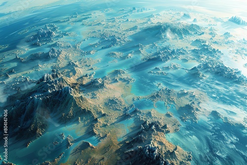 Highdefinition stock photo of an alien world from space, with unique land formations and oceans, inspiring wonder about the unknown